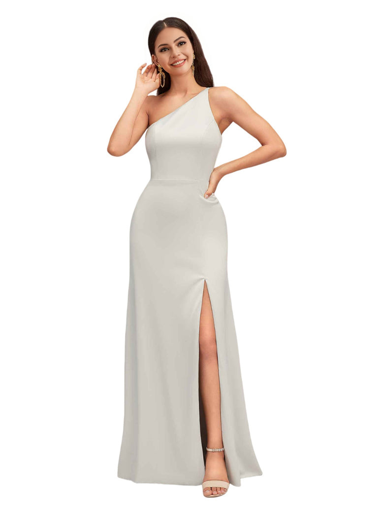 Elegant One Shoulder A-Line Side Slit Soft Satin Long Bridesmaid Dresses