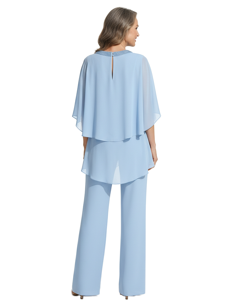 ChicSew Round Neck Chiffon Mother of The Bride Two Piece Jumpsuit with Beaded Neckline Cape Sleeves Formal Wedding Attire