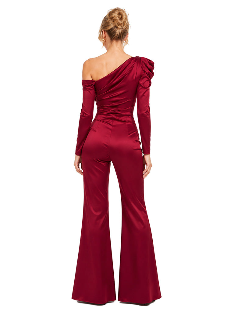 ChicSew Modern One Shoulder Long Sleeve Soft Satin Bridesmaid Jumpsuit With Ruched Design