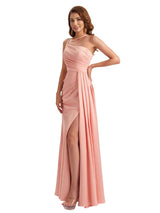 Elegant Asymmetric Spaghetti Straps Silky Satin Mermaid Side Slit Long Bridesmaid Dresses