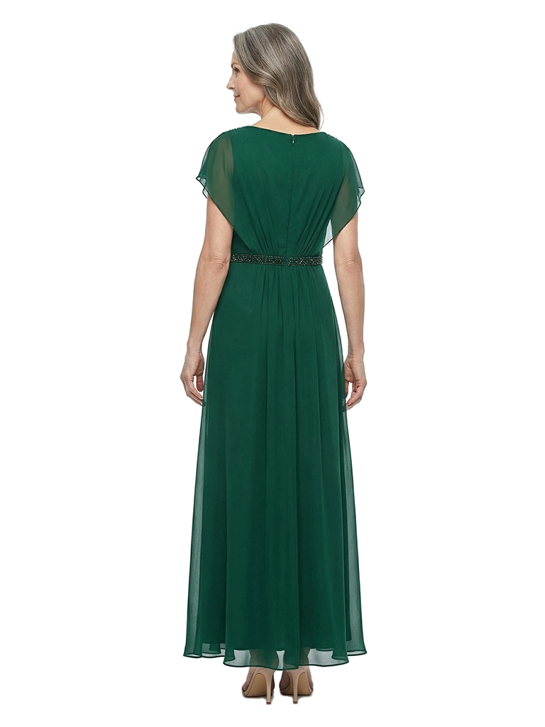 ChicSew V-Neck Flutter Sleeve Beaded Waist Ankle Length Chiffon A-Line Mother of the Bride Dress