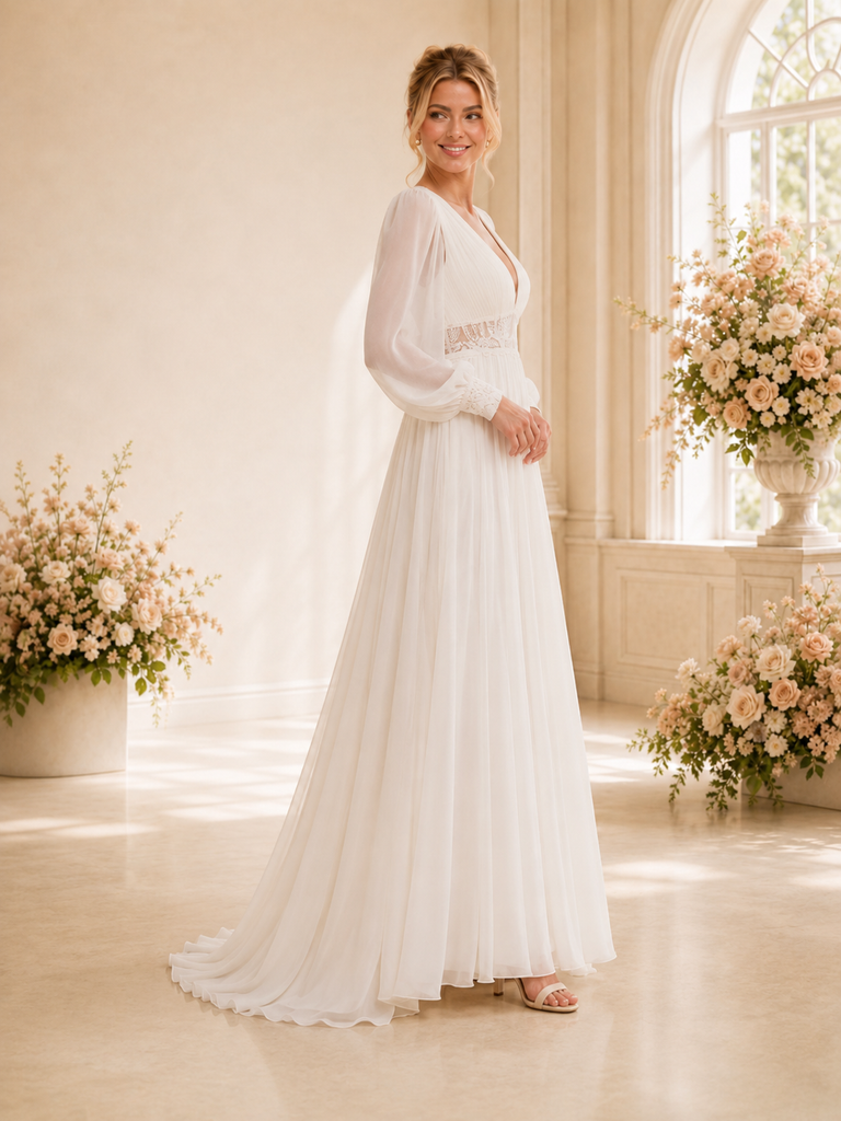 ChicSew Elegant V-Neck Long Sleeves A-Line Open Back Long Wedding Dresses With Lace Appliques