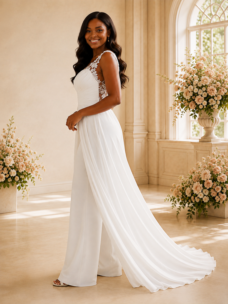 ChicSew Modern V-Neck Sleeveless Lace Chiffon Floor-Length Wedding Jumpsuit