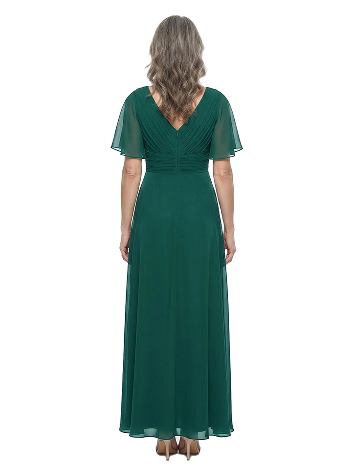 ChicSew V-Neck Flutter Sleeve Pleated Chiffon Ankle Length A-Line Mother of the Bride Dress