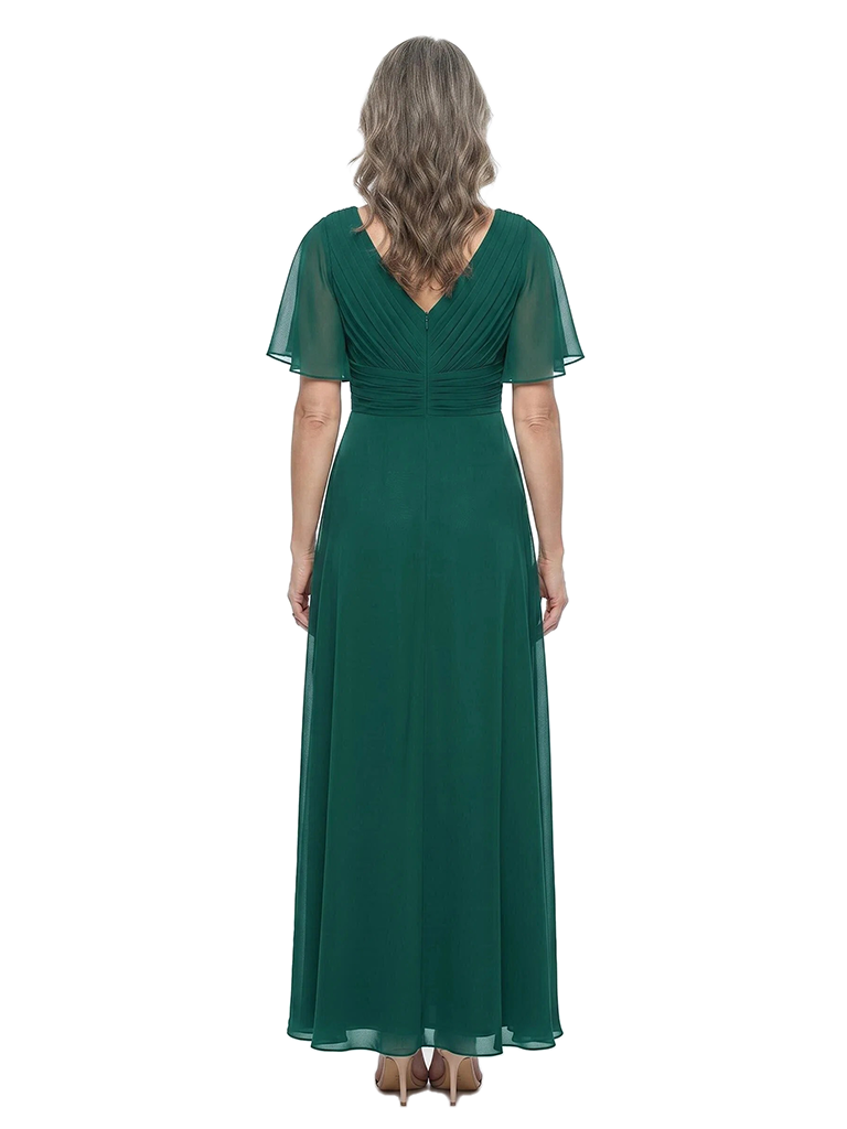 ChicSew V-Neck Flutter Sleeve Pleated Chiffon Ankle Length A-Line Mother of the Bride Dress
