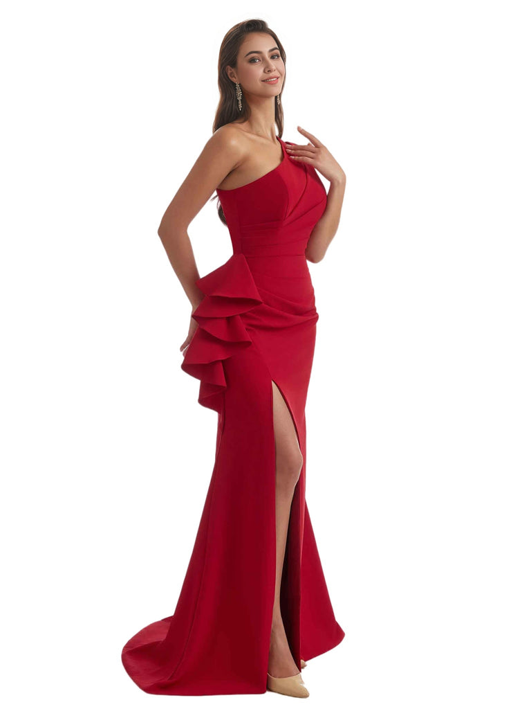 Sexy Mermaid Side Slit One Shoulder Crepe Long Bridesmaid Dress For Wedding