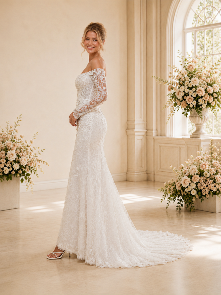 ChicSew Sexy Strapless 3/4 Sleeves Lace Mermaid Long Wedding Dresses With Train