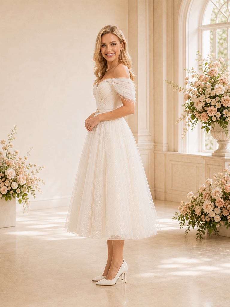 ChicSew Elegant A-line Off The Shoulder Glitter Tulle Midi Wedding Dresses Open Back