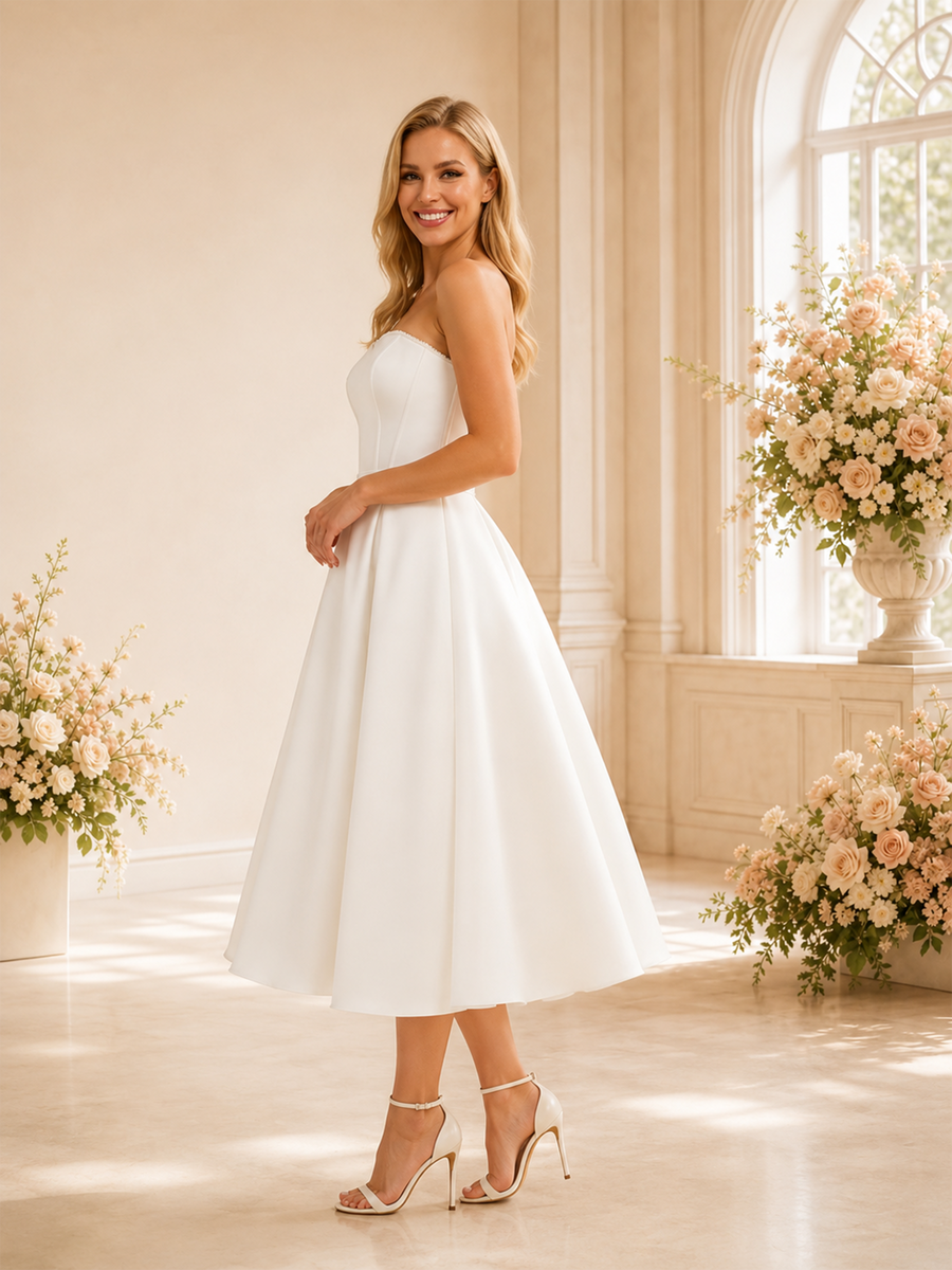 ChicSew Simple Strapless Boning A-Line Satin Midi Wedding Dress