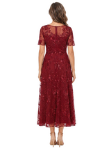 ChicSew Beautiful Short Sleeve Round Neck Lace Tea Length A-Line Mother Of The Bride Dress