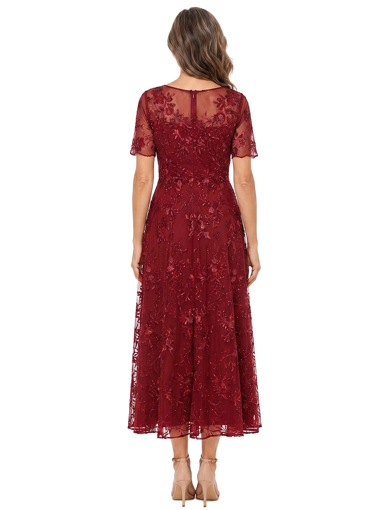 ChicSew Beautiful Short Sleeve Round Neck Lace Tea Length A-Line Mother Of The Bride Dress