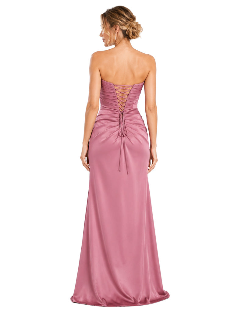 ChicSew Strapless Ruched Side Slit Soft Satin Mermaid Floor Length Pleated Formal Evening Bridesmaid Dress