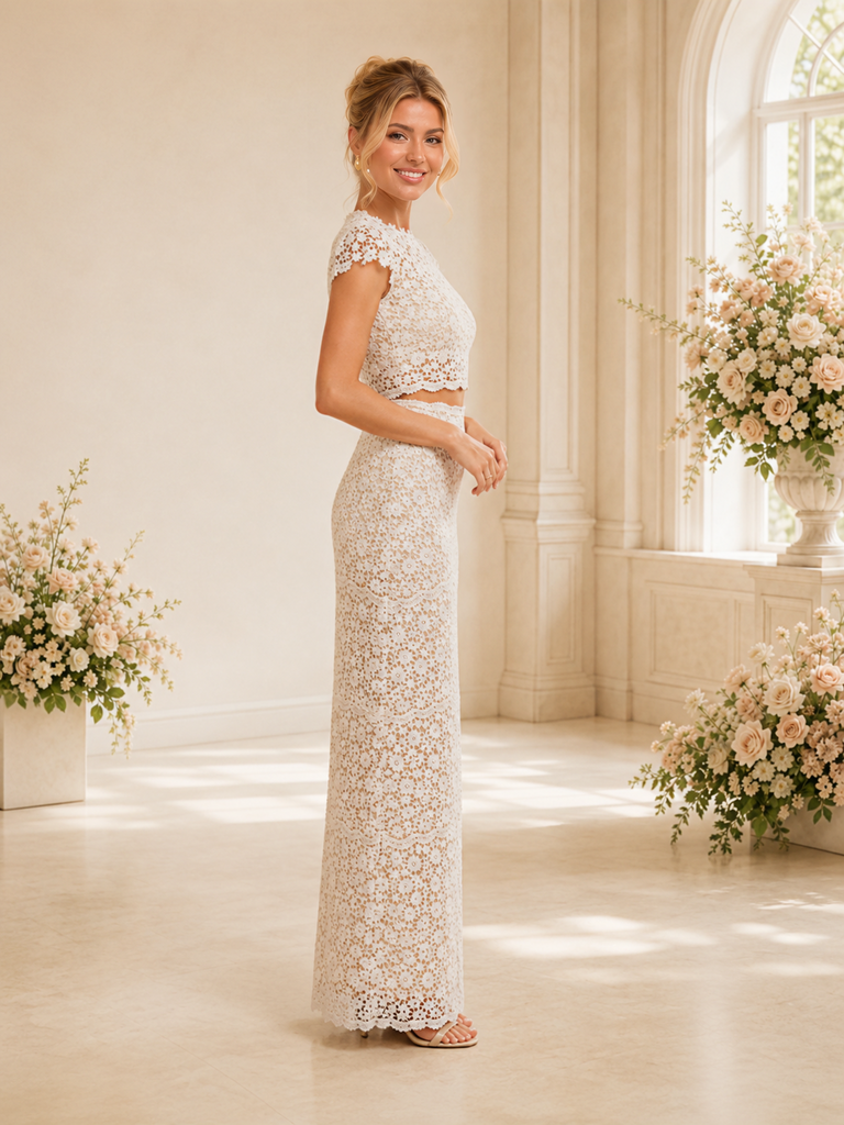 ChicSew Romantic Jewel Cap Sleeves Lace Sheath Two Piece Long Wedding Dresses