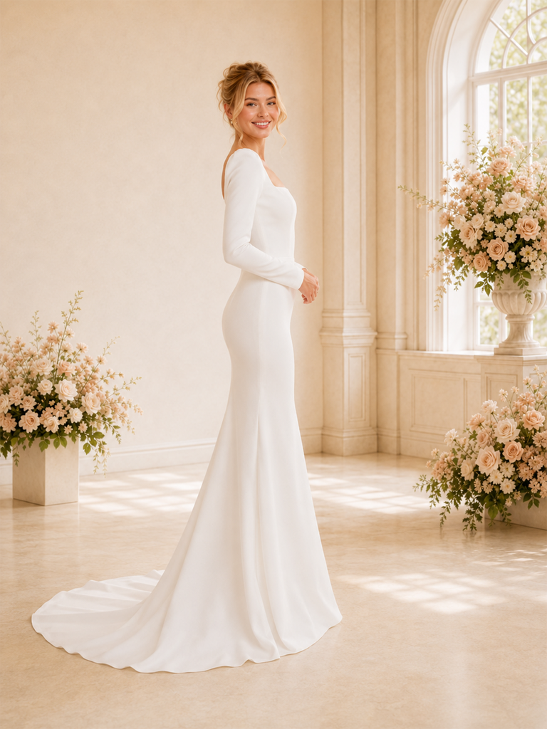 ChicSew Elegant Long Sleeves Mermaid Crepe Square Neckline Long Wedding Dresses