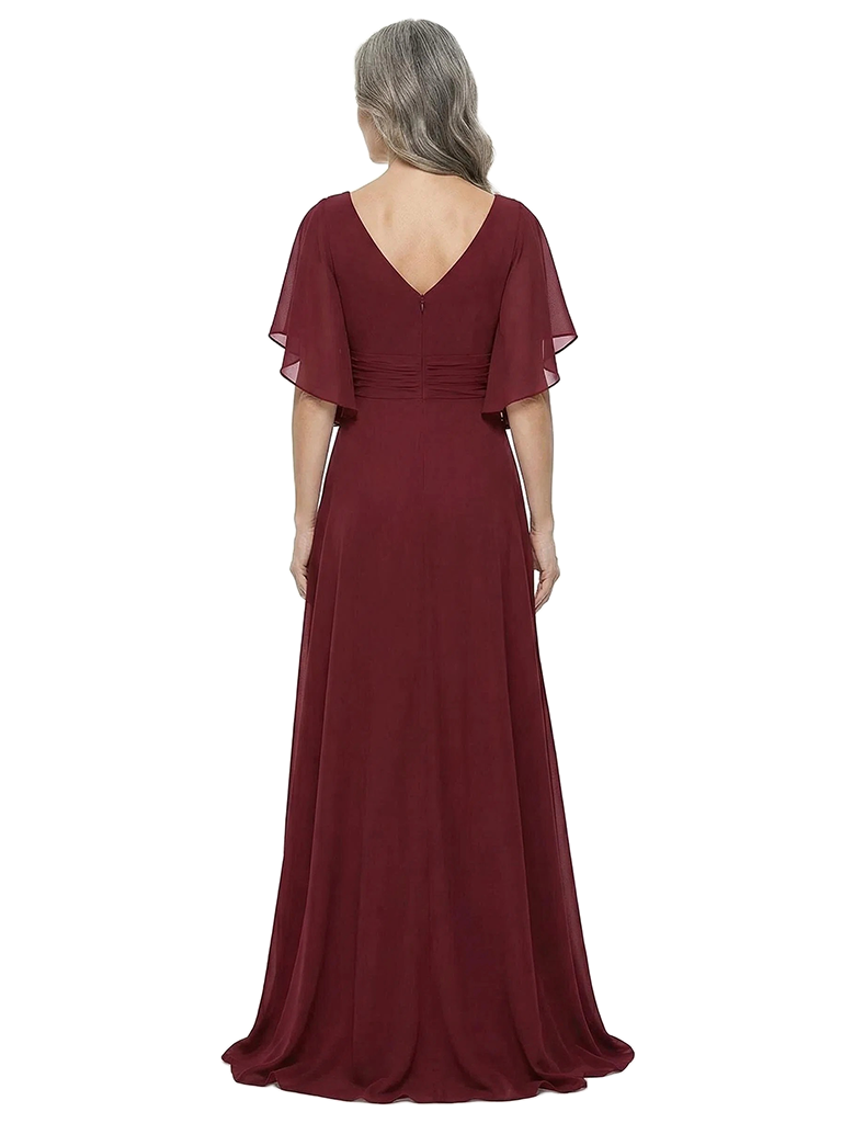 ChicSew V-Neck A-Line Chiffon Mother Of The Bride Dresses With Flutter Sleeves Side Slit Floor-Length
