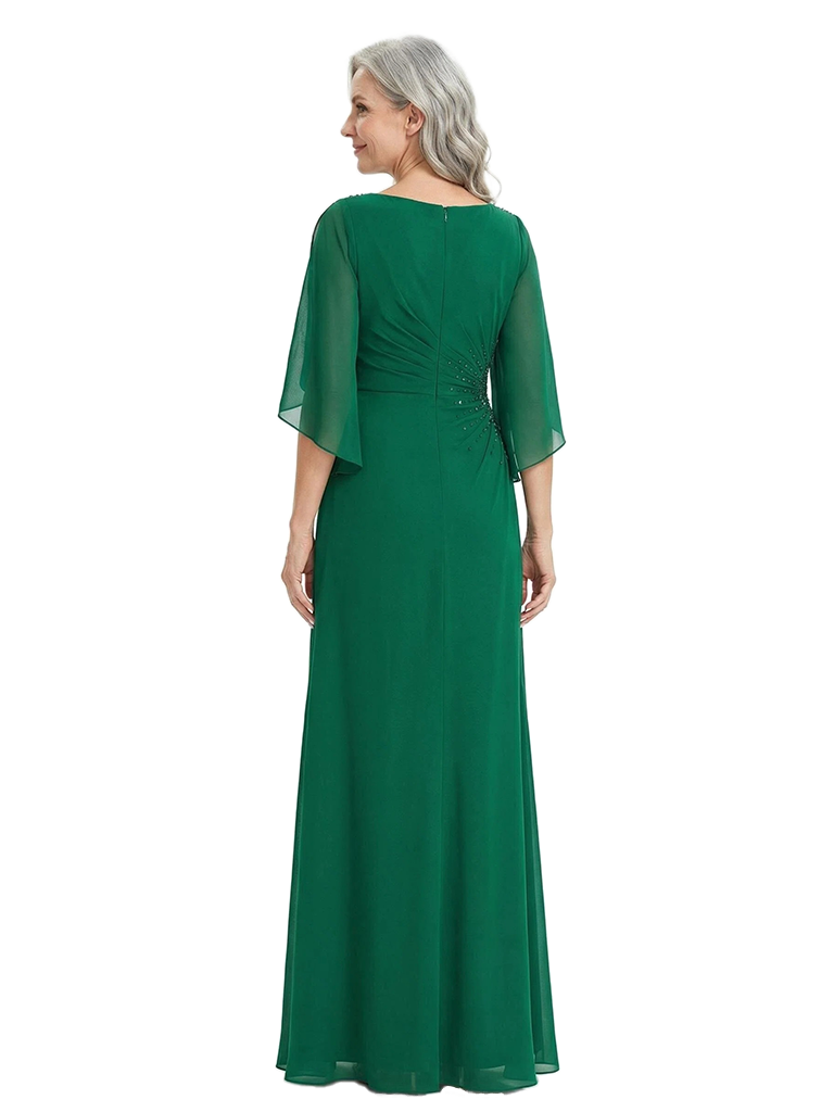 ChicSew Modern Chiffon Mother Of The Groom Gowns With Beaded Ruched Waist Flutter Sleeves