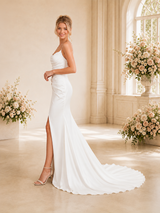 ChicSew Fancy Spaghetti Straps Ruched Satin Mermaid Side Slit Floor-Length Wedding Dress