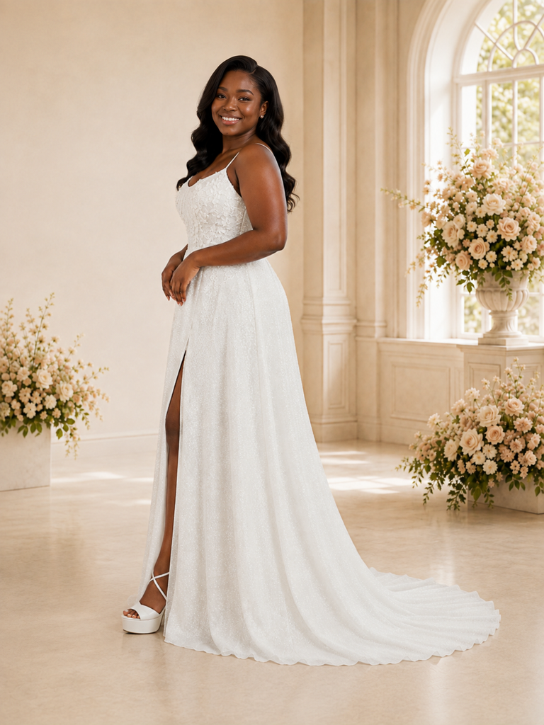 ChicSew Modern Spaghetti Straps Glitter Tulle Maxi A-Line Wedding Dress With Lace Appliques