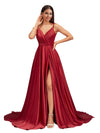 Sexy V-Neck Spaghetti Straps A-Line Side Slit Soft Satin Formal Long Bridesmaid Dresses