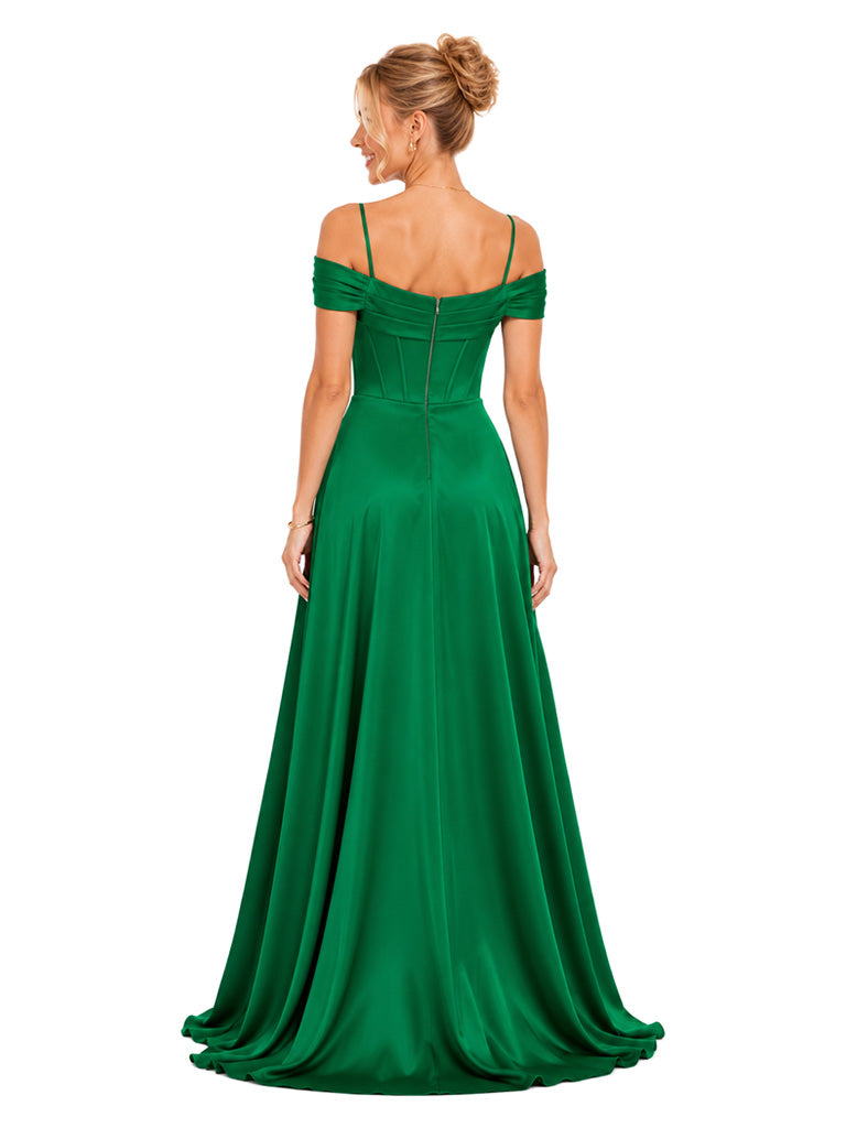 ChicSew Elegant Cold Shoulder Boning Side Slit A-Line Floor-Length Satin Bridesmaid Dresses