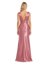 ChicSew Modern Deep V-Neck Ruched Slit Mermaid Long Satin Evening Bridesmaid Gowns