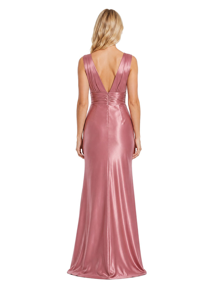 ChicSew Glam Sleeveless Deep V-Neck Ruched Side Slit Mermaid Long Satin Evening Bridesmaid Gowns For Formal Occasions