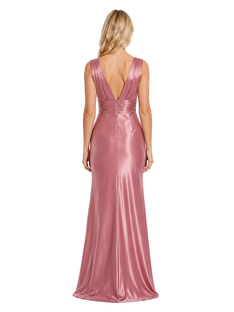ChicSew Glam Sleeveless Deep V-Neck Ruched Side Slit Mermaid Long Satin Evening Bridesmaid Gowns For Formal Occasions
