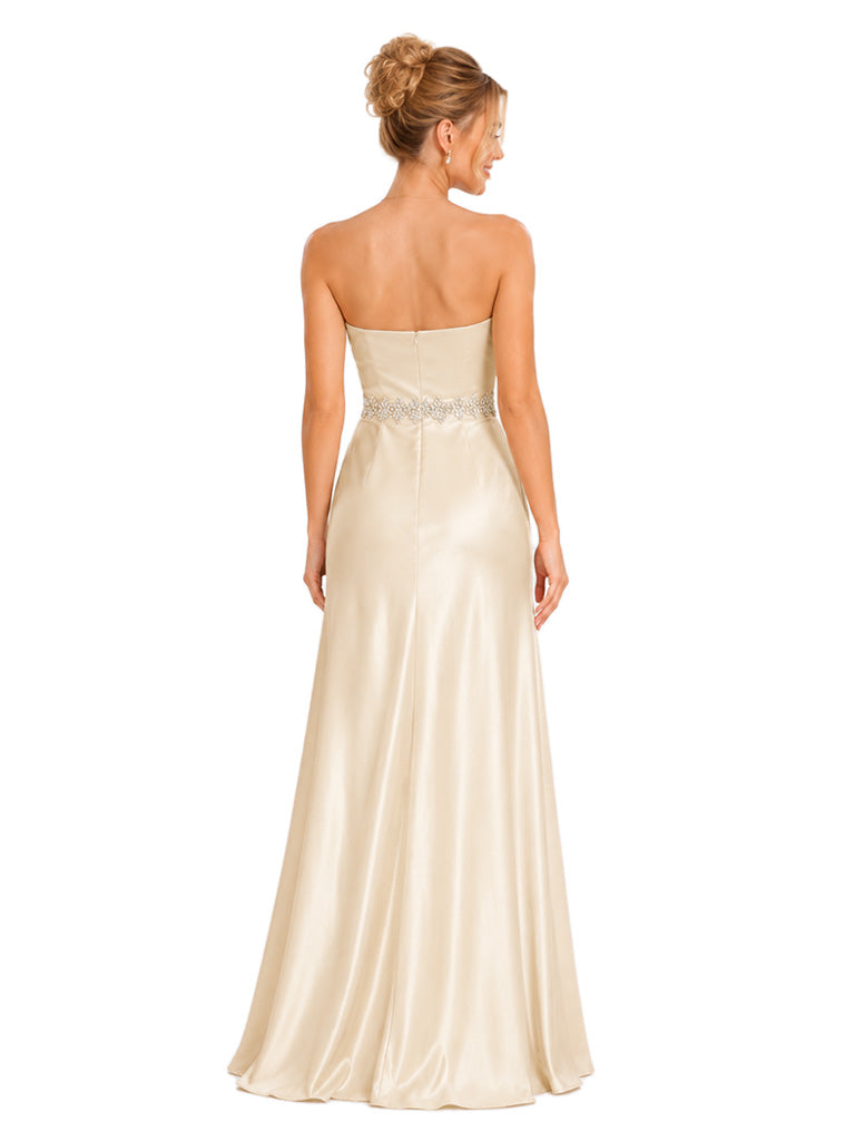 ChicSew Sexy Strapless Rhinestone A-Line Side Slit Floor-Length Satin Bridesmaid Dresses