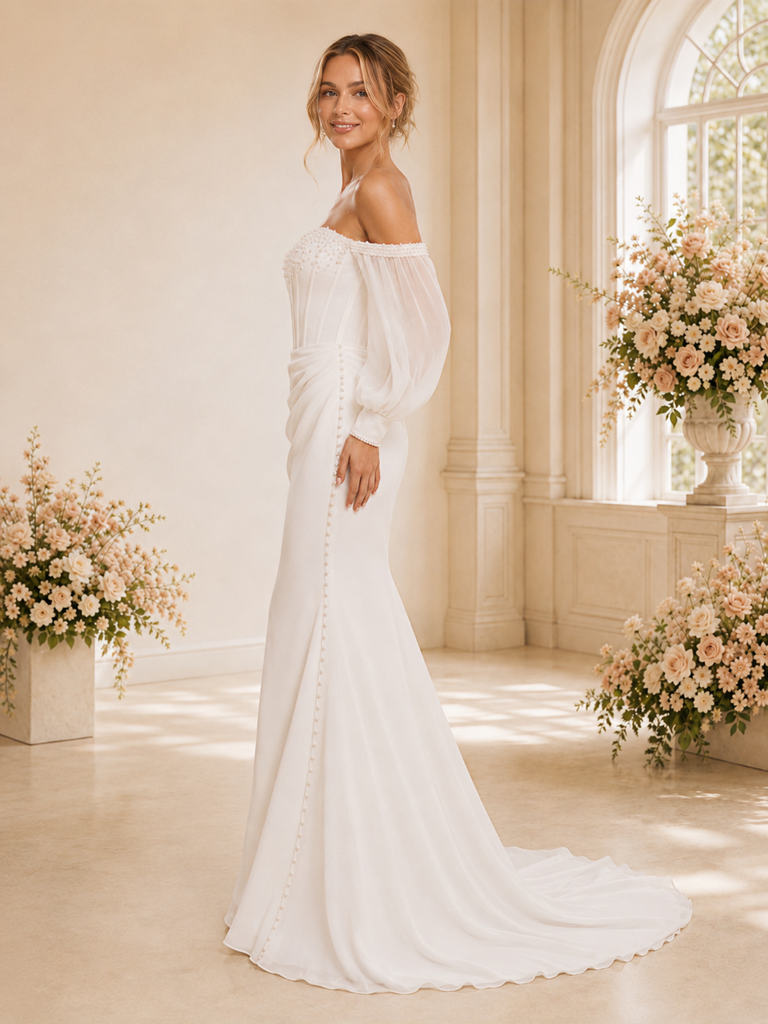 ChicSew Classy Chiffon Off The Shoulder Long Sleeves Mermaid Ruched Floor-Length Wedding Dress With Beading
