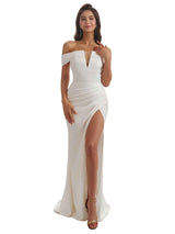 Sexy V-neck Mermaid Off the Shoulder Ruched Silky Satin Long Bridesmaid Dresses Slit