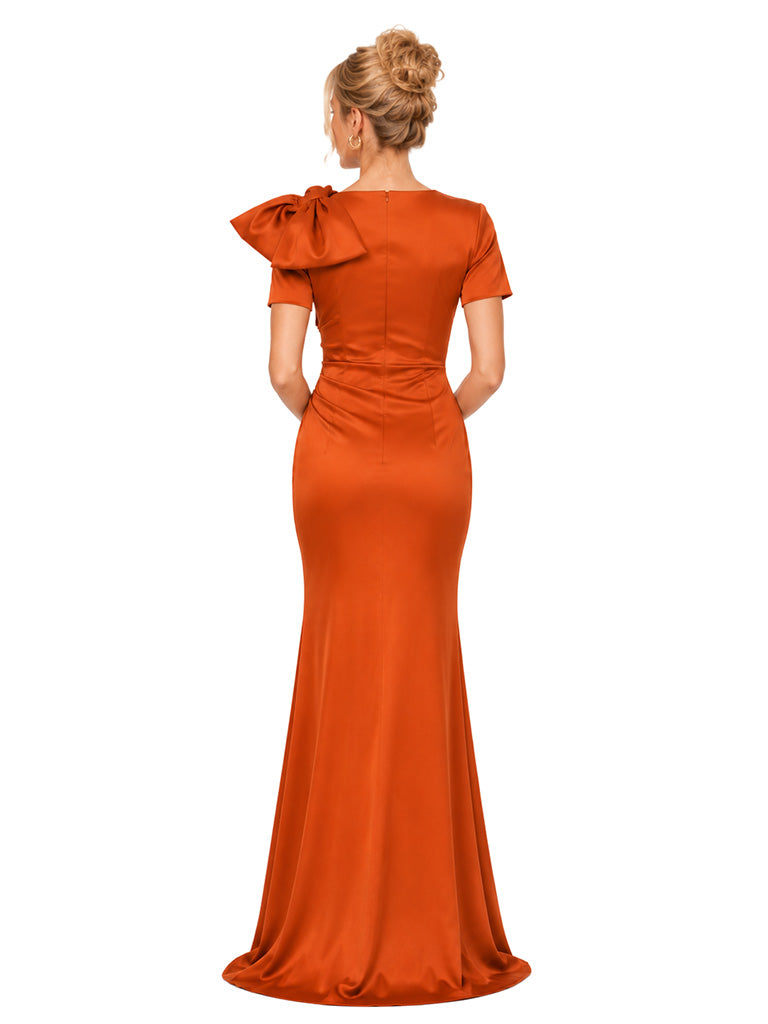 Chicsew Sexy Jewel Short Sleeve Satin Unique Long Mermaid Bridesmaid Dresses