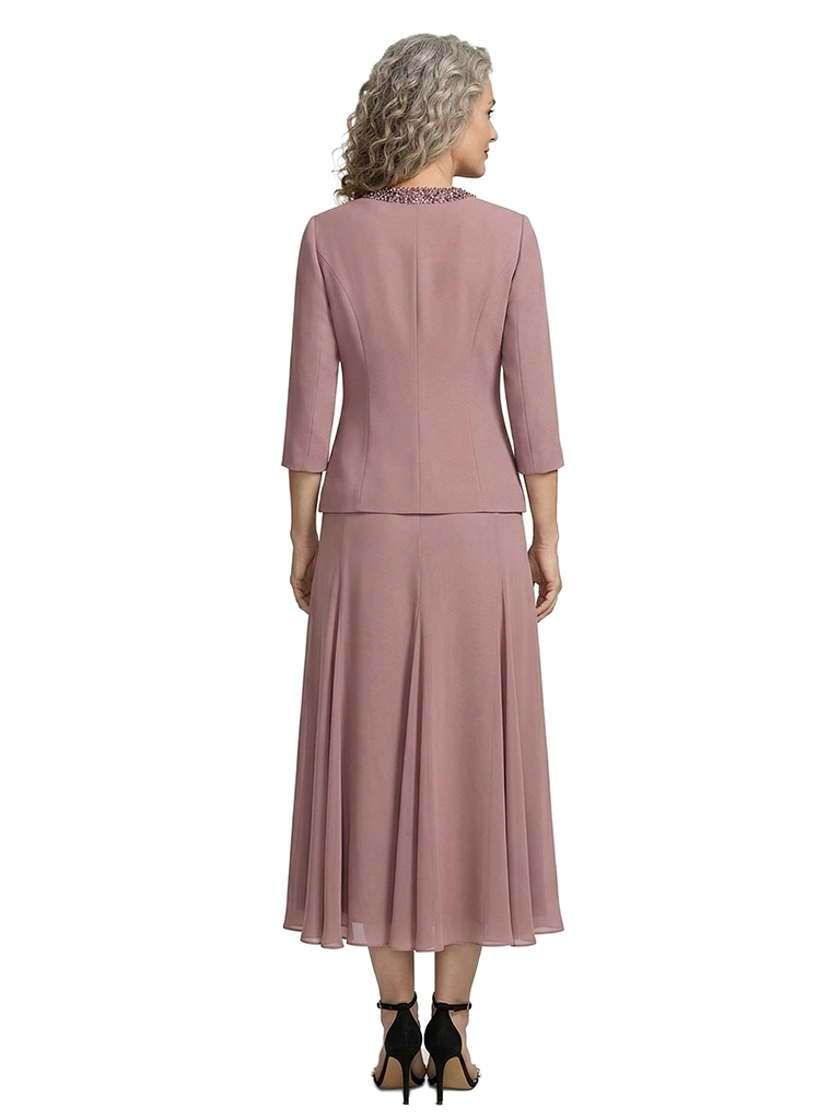 ChicSew Chiffon A-Line Mother Of The Groom Dress With Jacket Tea Length Beaded Neckline Set