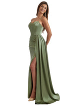 Elegant Silky Satin Side Slit Long Bridesmaid Dresses Online Mermaid Spaghetti Straps