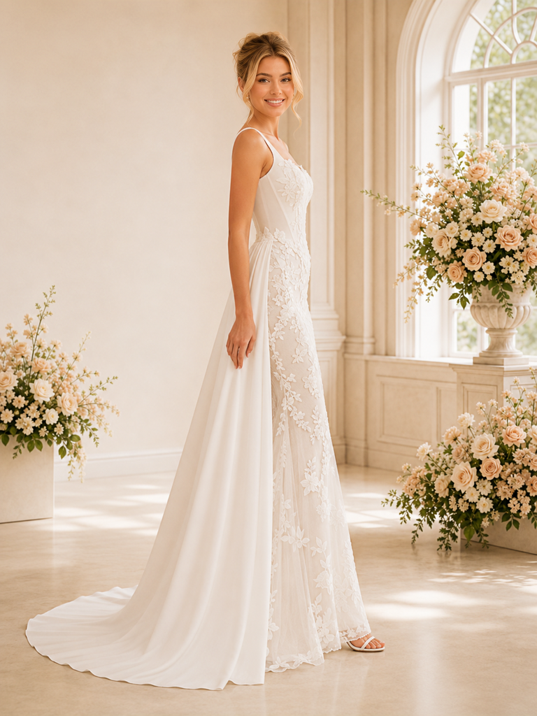 ChicSew Unique Elegant Square Neck Mermaid Lace Tulle Maxi Wedding Dress With Satin Overskirt