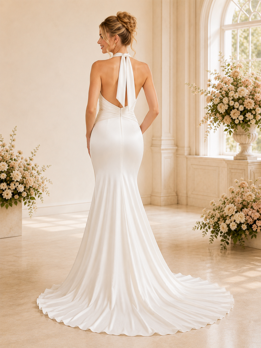 ChicSew Sexy Mermaid Halter Ruched Sleeveless Satin Long Wedding Dresses With Train