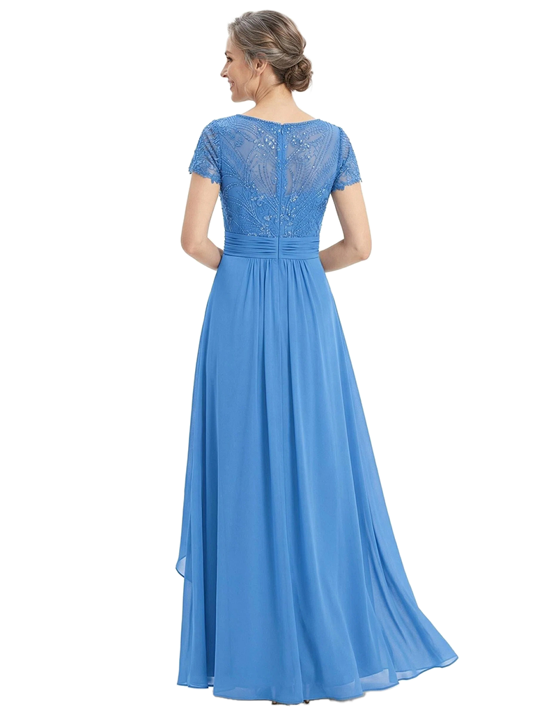 ChicSew Short Sleeves Ruched Chiffon A-Line Mother Of The Bride Dress With Lace Applique V-Neck Gown
