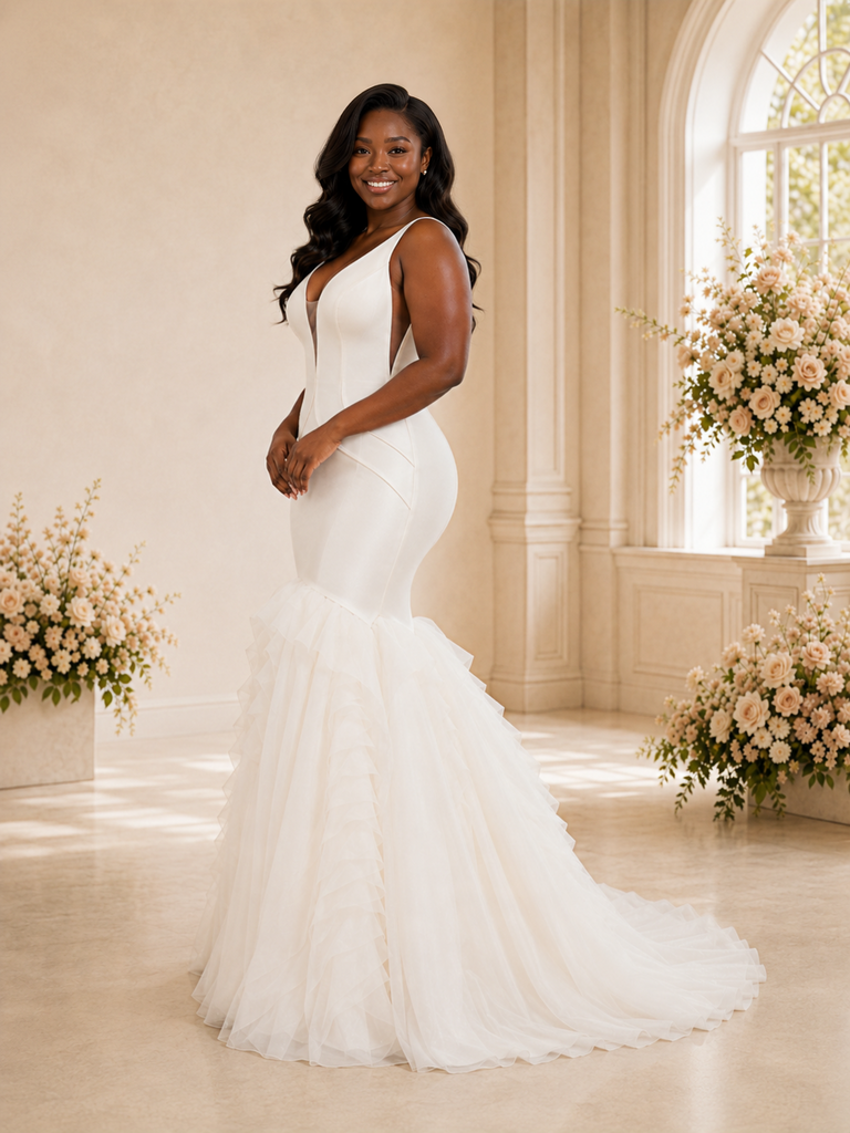 ChicSew Modern Deep V-Neck Spaghetti Straps Satin Tulle Maxi Mermaid Wedding Dress
