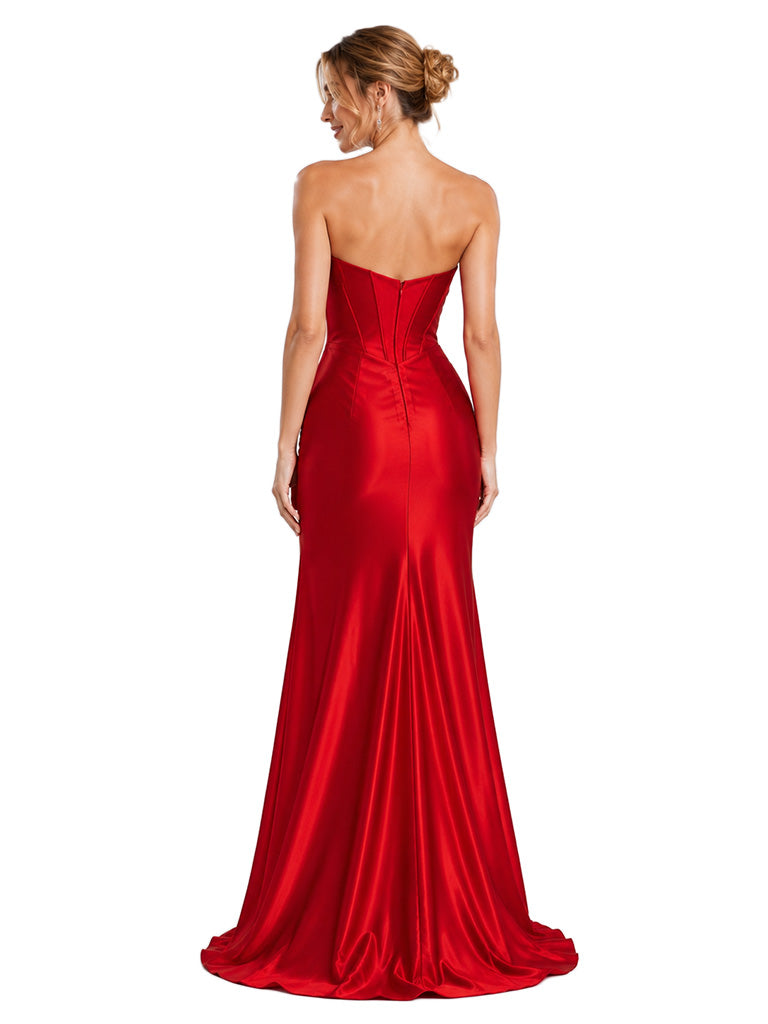 ChicSew Elegant Strapless Boning Mermaid Silky Satin Bridesmaid Side Slit Floor-Length Bridal Gown