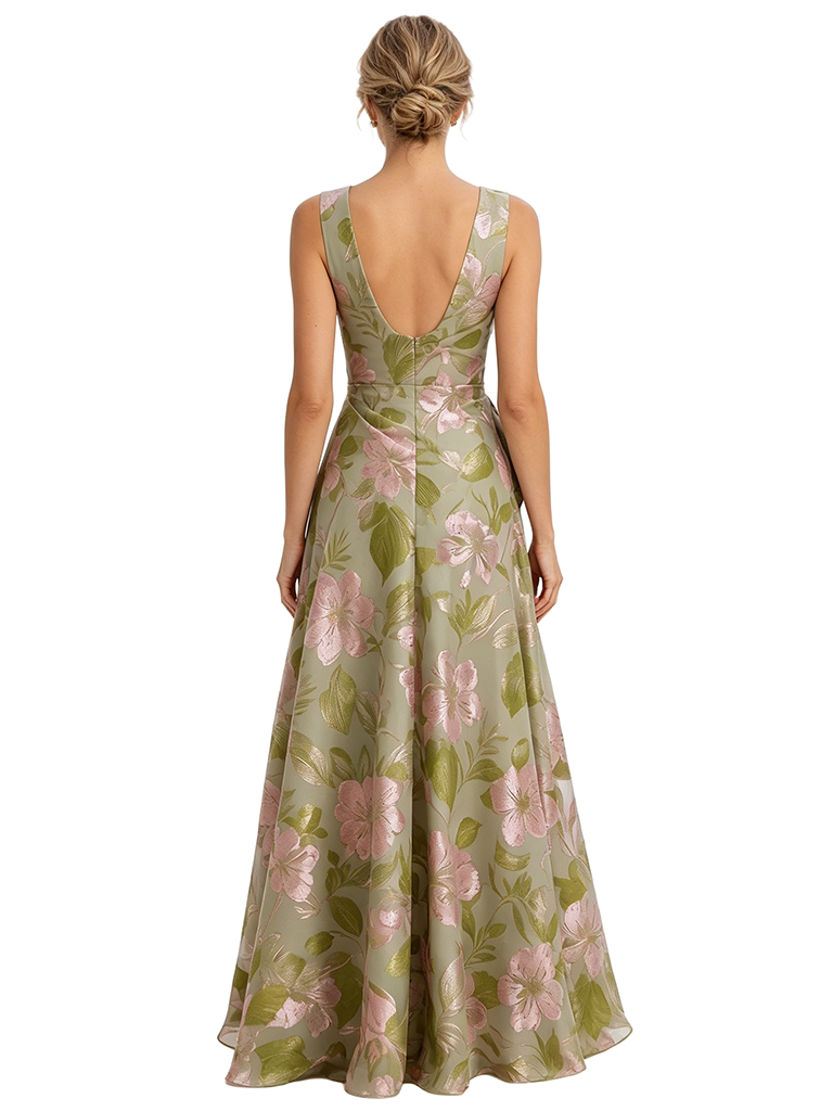 Chicsew Elegant Floral V-Neck Ruched A-Line Long Mother of The Bride Dresses