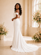ChicSew Elegant Off The Shoulder Ruching Crepe Mermaid Long Wedding Dress