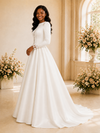 ChicSew Elegant A-Line Jewel Long Sleeves Lace Appliques Satin Maxi Wedding Dress