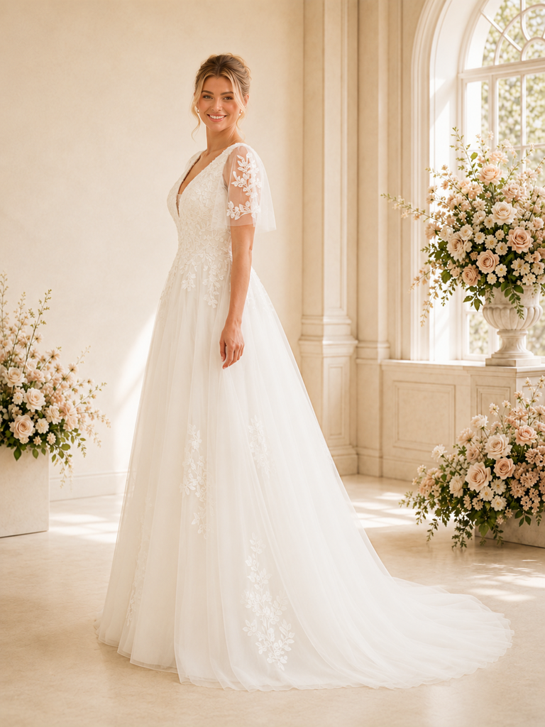 ChicSew Classy Elegant V-Neck Short Sleeves Lace Tulle A-Line Maxi Wedding Dress