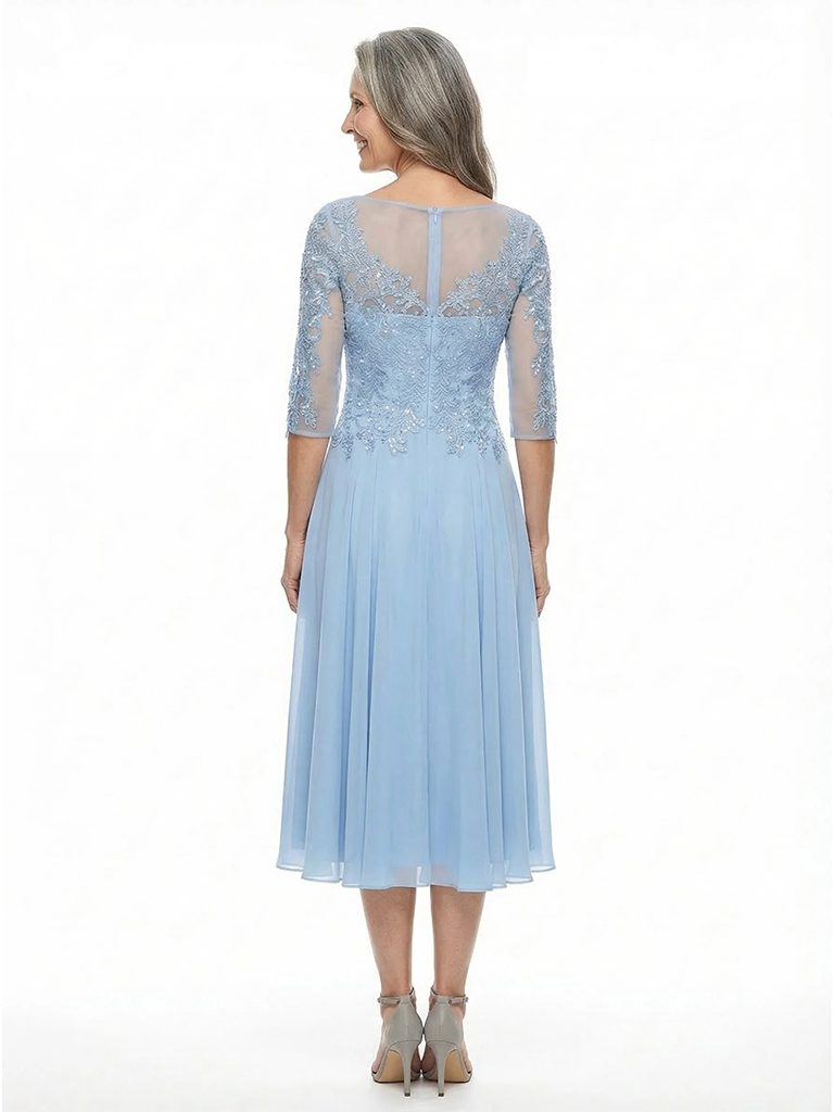 ChicSew Jewel 3/4 Sleeves A-Line Chiffon Tea-Length Lace Mother Of The Bride Dress