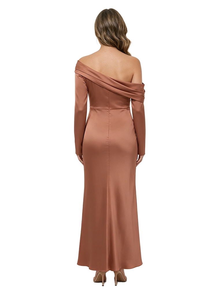 ChicSew Asymmetric Long Sleeves Satin Ruched Ankle-Length Mermaid Elegant Mother of the Bride Dress