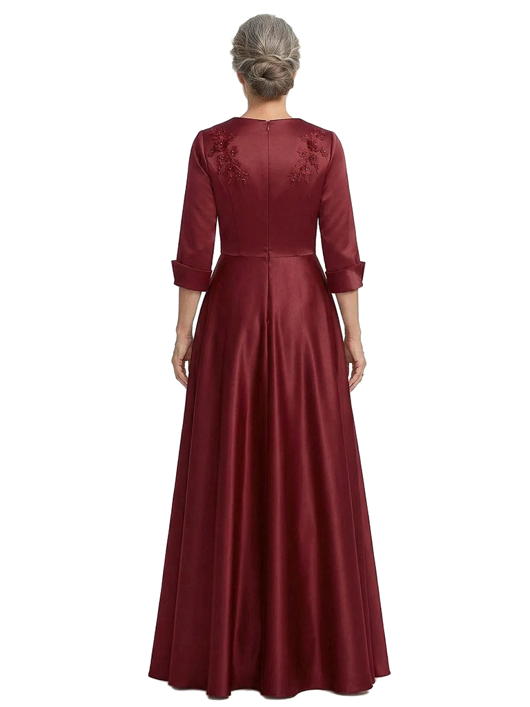 ChicSew Classy V-Neck Satin A-Line Mother Of The Groom Gown With Lace Applique Long Sleeves
