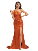 Sexy Mermaid One Shoulder Side Slit Beauty Long Soft Satin Bridesmaid Dresses Online