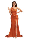 Sexy Mermaid One Shoulder Side Slit Beauty Long Soft Satin Bridesmaid Dresses Online