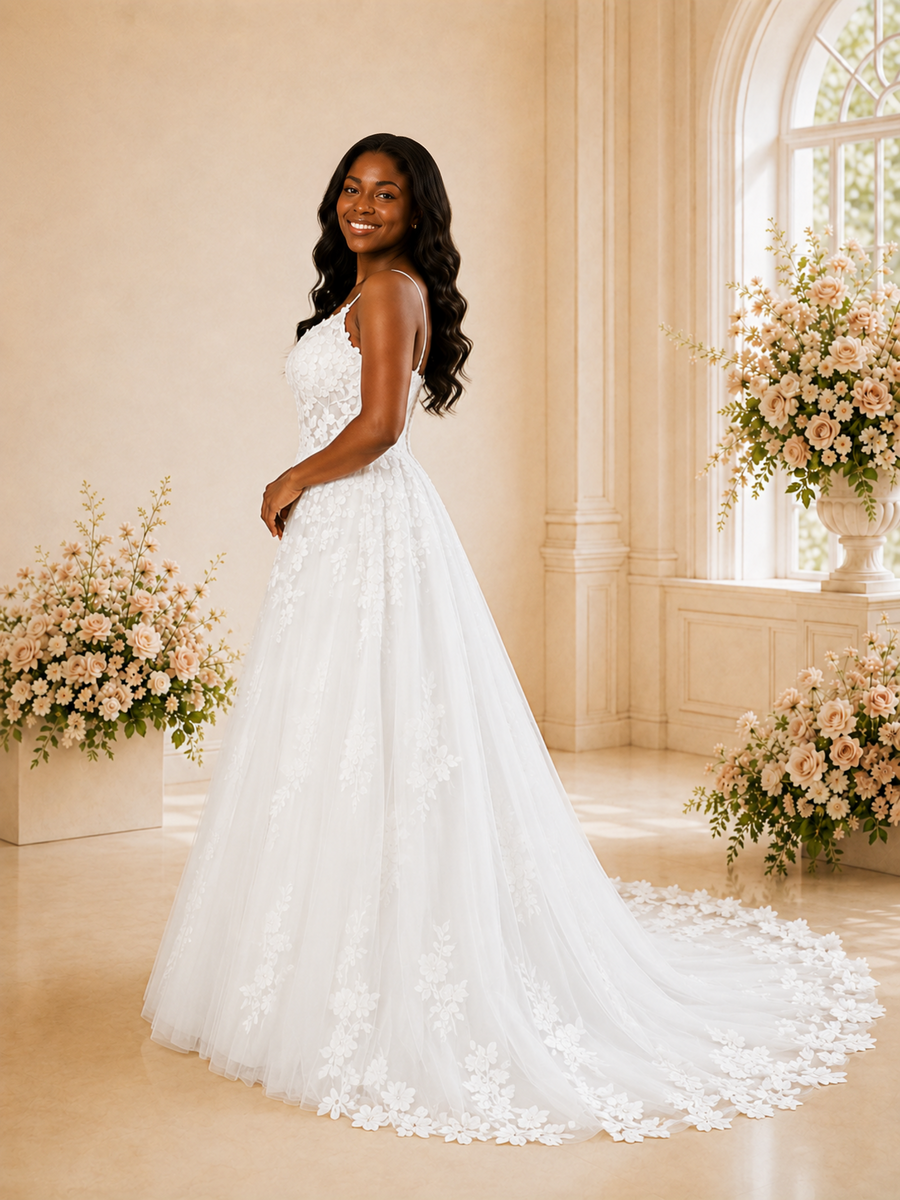 ChicSew Romantic Spaghetti Straps Tulle Lace A-Line Long Wedding Dress