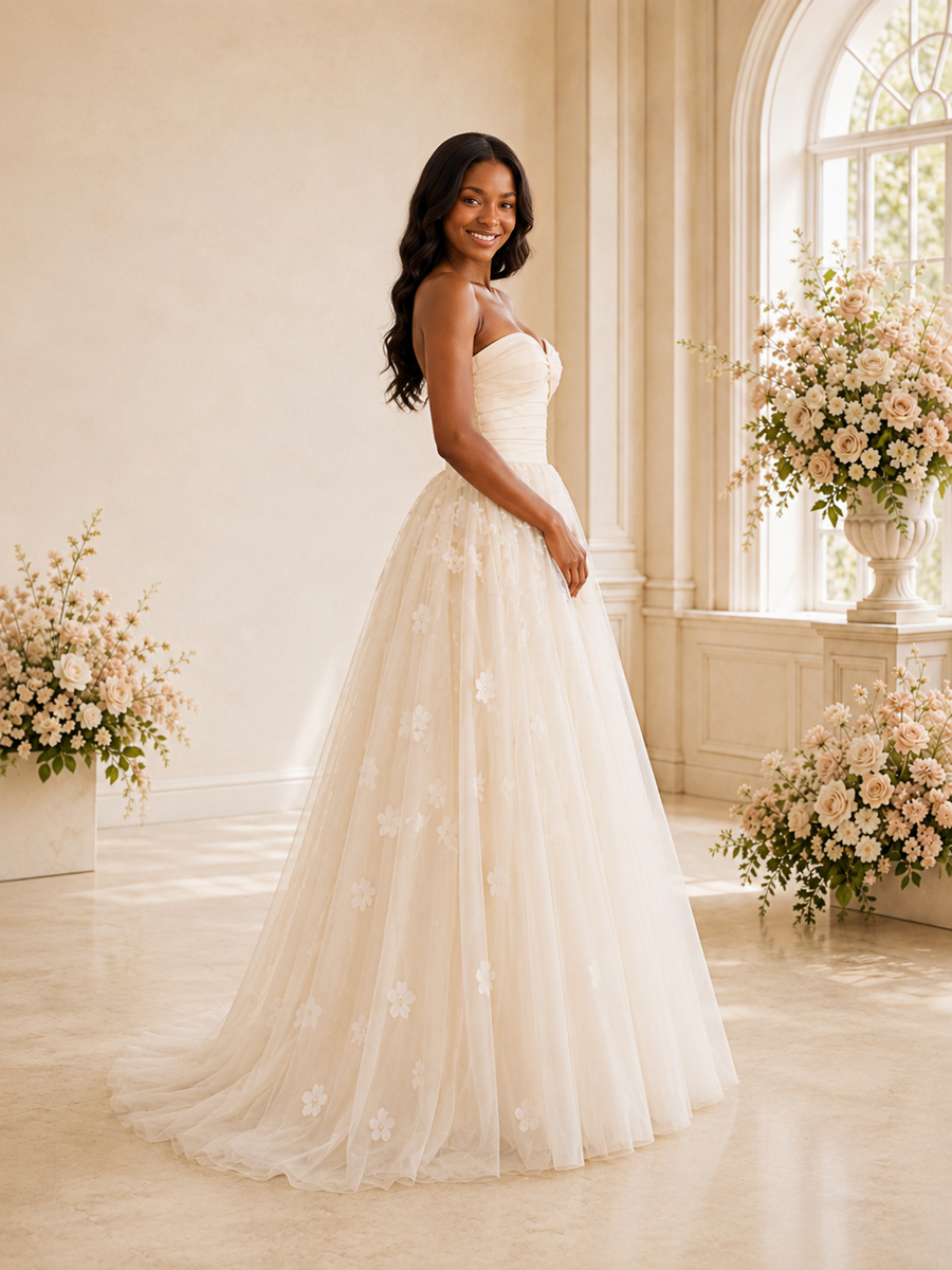 ChicSew Elegant A-Line Sweetheart Tulle Maxi Long Wedding Dress With Lace Applique