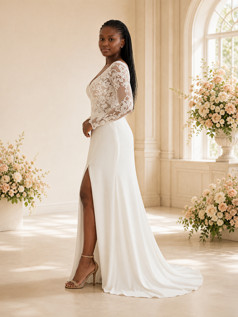 ChicSew Modern V-Neck Long Sleeves Lace Crepe Mermaid Maxi Wedding Dress With Side Slit